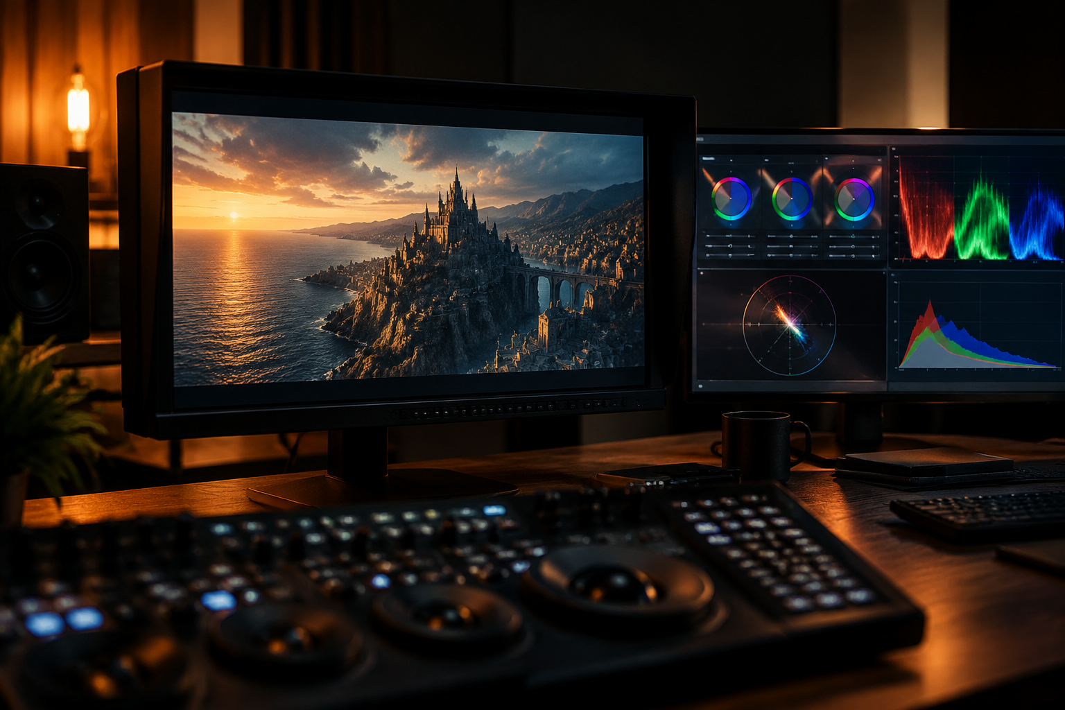 Colour grading suite with calibrated monitor